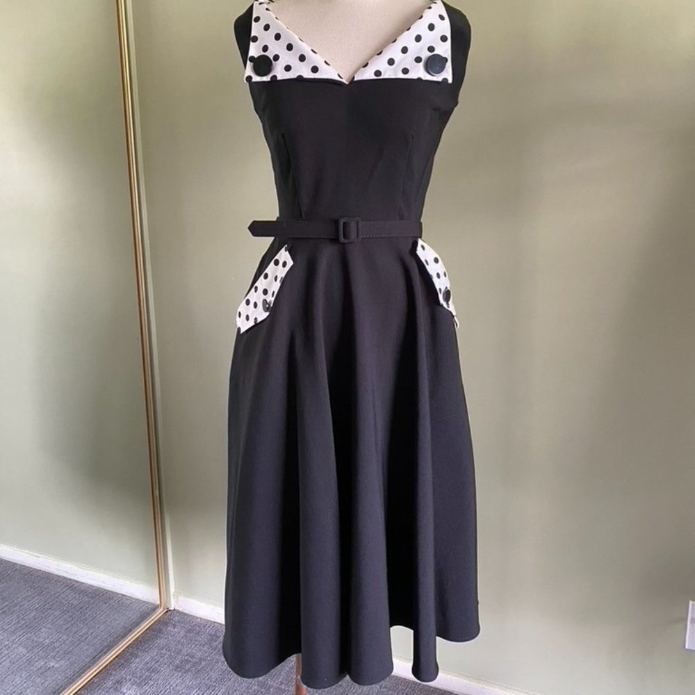 Tatyana Bettie Page Black Retro Pinup Swing Dress Polka Dot Collar & Pocket